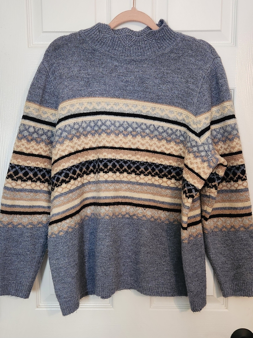 CJ Banks Blue Fair Isle Crewneck Sweater with Neutral Stripes